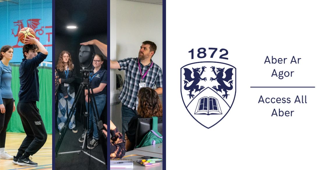 The Access All Aber logo and three images showcasing a social activity, departmental tour and a mock lecture that took places during Access All Aber 2023.