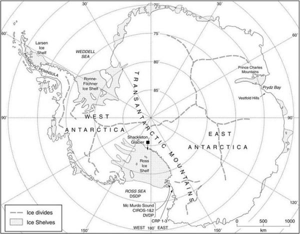 The Antarctic continent illustrating principal areas of Centre for Glaciology research.