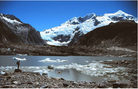 Soler Glacier, an outlet glacier from the eastern side of the North Patagonian Icefield. The glacier is fed from the icefall at the top of the image. The snout of Soler Glacier is currently receding into the proglacial lake in the foreground. Photo: M. J. Hambrey.