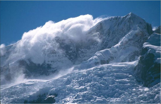 Spindrift shrouds the upper reaches of Cerro Hyades (3042 m), North Patagonian Icefield, Chile. Photo: M. J. Hambrey.