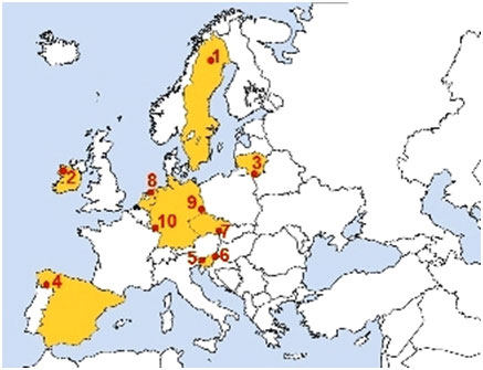 A map of Europe showing the 10 case study regions.