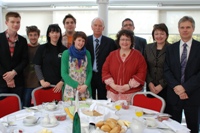 Rural Affairs Minister Elin Jones AM (third from right) with staff and students at the breakfast launch of Wales Sustainability Week