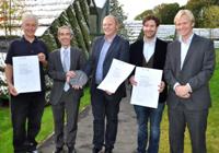 Left to right: Alan Hewson, Director Aberystwyth Arts Centre; Professor Noel Lloyd, Vice Chancellor Aberystwyth University; Ole Smith and Tom Chapman-Andrews, Heatherwick Studios; Pierre Wassenaar, President of the Royal Society of Architects in Wales.