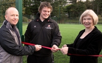 Professor April McMahon, Vice-Chancellor Aberystwyth University, opening the new 3G all weather training pitch in the company of Frank Rowe, Sports Centre Director and Alun Minifey, Student Activities Officer.