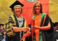 Betsan Powys being received as Fellow by the University’s Vice-President, Mrs Elizabeth France CBE