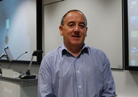 Nigel Thomas, the University’s Learning Spaces Design and Development Manager, in Lecture Theatre A14 at Hugh Owen