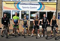 Left to Right: Aberystwyth University Sports Centre staff members Darren Hathaway, Rich Martin, Tia Woodward, Jeff Saycell, Neil Coleridge and Lauren March took part in the Cycle to Work Day in 2014.