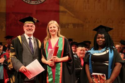 Charmian Gooch, Honorary Fellow of Aberystwyth University (centre) with Dr Glyn Rowlands, Pro-Chancellor of Aberystwyth University and Dr Engobo Emeseh, Department of Law and Criminology