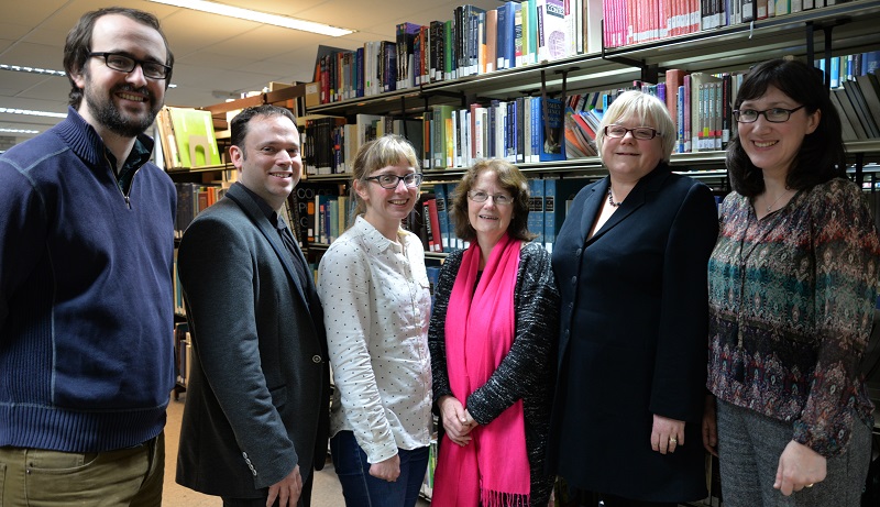 Six of the nine Aberystwyth academics elected to the AHRC Peer Review College. (L-R) Dr Hywel Griffiths, Professor Peter Merriman, Dr Elin Royles, Professor Wini Davies, Dr Andrea Hammel, Dr Cathryn Charnell-White.