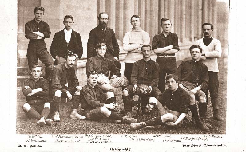 Photograph of the Aberystwyth University football team 1894-1895. Leigh Roose is third from the right, standing in the back row.