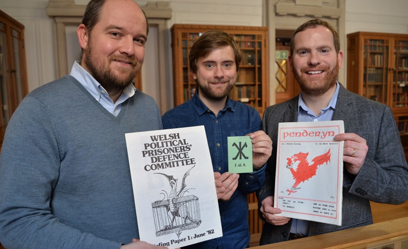Left to right: Dr Rhys Dafydd Jones, Aberystwyth University; Rhodri Evans, Aberystwyth University postgraduate student and Rob Phillips from the Welsh Political Archive at the National Library of Wales.