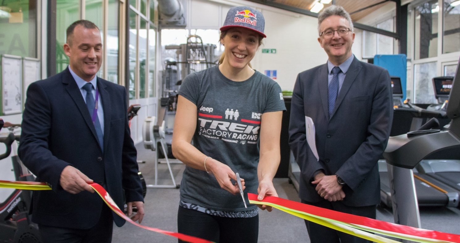 Down Hill World Champion Rachel Atherton opening the new gym facilities in the company of (left) Darren Hathaway, Sports Centre Manager, and Professor John Grattan, Acting Vice-Chancellor.