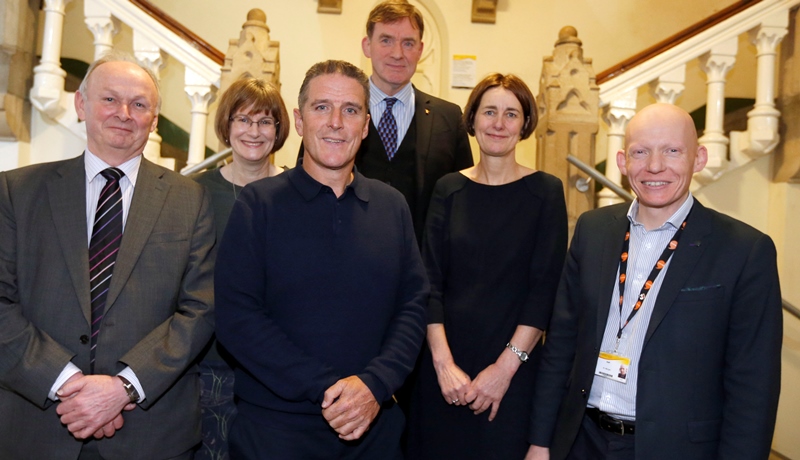 Pictured at the official opening of the Archaeopteryx exhibition in Old College with Iolo Willaims are Dr Richard Bevins, Dr Caroline Buttler and Dr David Anderson from Amgueddfa Cymru – National Museum of Wales and Louise Jagger and Dr Rhodri Llwyd Morgan from Aberystwyth University.