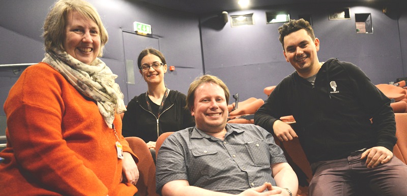 Left to right: Interim Aberystwyth Arts Centre Director Louise Amery, Cinema Projectionist and Technician Nia Edwards-Behi, Cinema Manager Gareth Bailey and Projectionist Przemyslaw Sobkowicz.