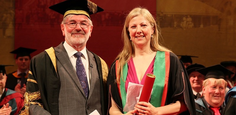 Anti-corruption campaigner Charmian Gooch presented as Fellow of Aberystwyth University in 2016, with Pro-Chancellor Dr Glyn Rowlands