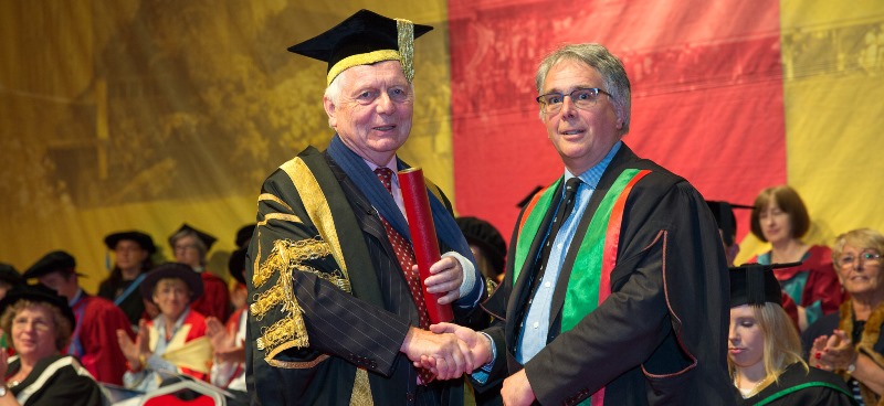 Professor Martin Conway being presented as Honorary Fellow by Sir Emyr Jones Parry, Chancellor of Aberystwyth University.
