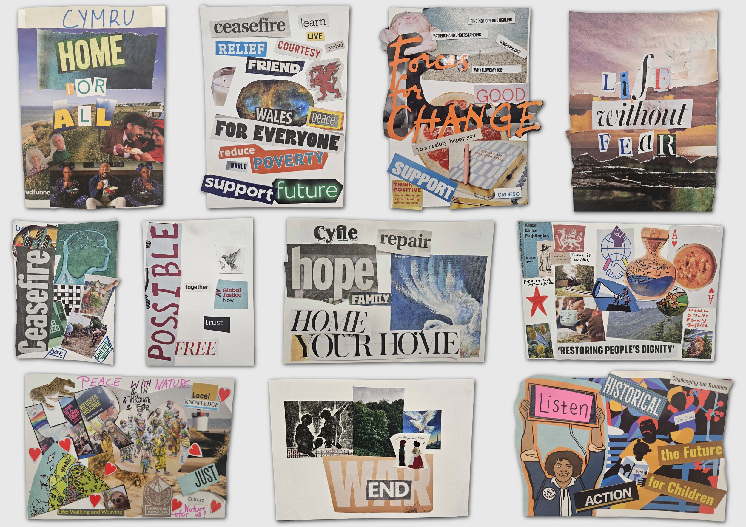 Creodd cyfranogwyr y gweithdy ddarnau collage i gyfleu beth mae heddwch yng Nghymru yn ei olygu iddynt.