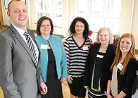 Cyfranogwyr cyfweld cyflym Chwith – Dde:  Nick Bowell, Enterprise Rent-a-Car, Carolyn Parry, Gwasanaeth Gyrfaoedd Prifysgol Aberystwyth, Maggie Lewis, Dŵr Cymru, Helen Ford, Network Rail, a Darina Davies o’r Gwasanaeth Sifil.