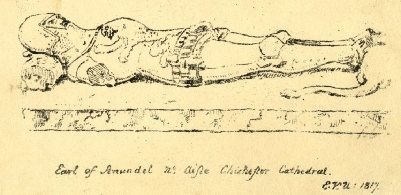 Edward Vernon Utterson: darlun o Fedd Iarll Arundel yn Eglwys Gadeiriol Chichester, gyda delw o farchog, pen ar y chwith, a’i fraich dde yn eisiau. Gwnaed yn 1817, ddwy flynedd cyn ymweld Keats Nghadeirlan © Trustees of the British Museum