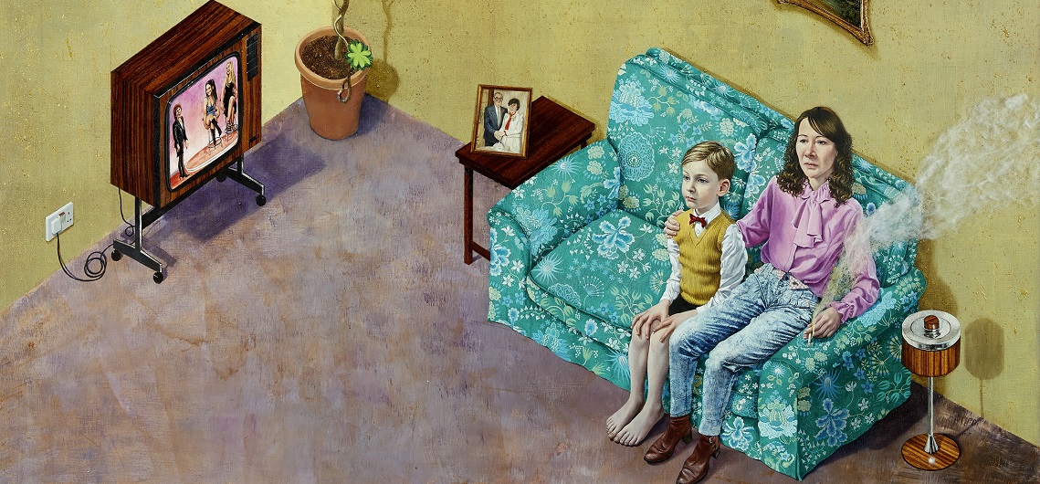 ‘Half Boy and Half Sister’ gan Stuart Pearson Wright, 2018 (Olew, gwlân dafad, pren sebra, weiren, a chyfryngau cymysg ar liain)