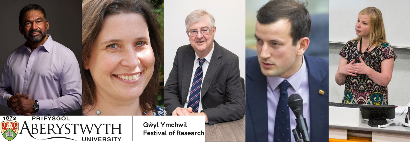 O’r chwith i’r dde: Yr Athro Julian Agyeman; Yr Athro Sarah Davies (Prifysgol Aberystwyth); Prif Weinidog Cymru, Mark Drakeford AS; Comisiynydd Amgylchedd yr UE Virginijus Sinkevičius; a’r Athro Milja Kurki (Prifysgol Aberystwyth)