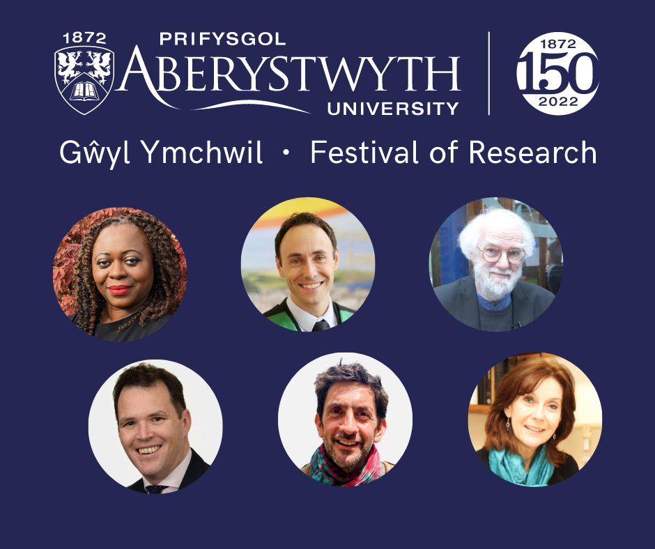 Rhai o siaradwyr Gŵyl Ymchwil Aberystwyth 2022 - yr Athro Olivette Otele, Lee Waters AS, Aled Haydn Jones o Radio 1, Golygydd Hinsawdd y BBC Justin Rowlatt, Dr Rowan Williams a'r Athro Mererid Hopwood