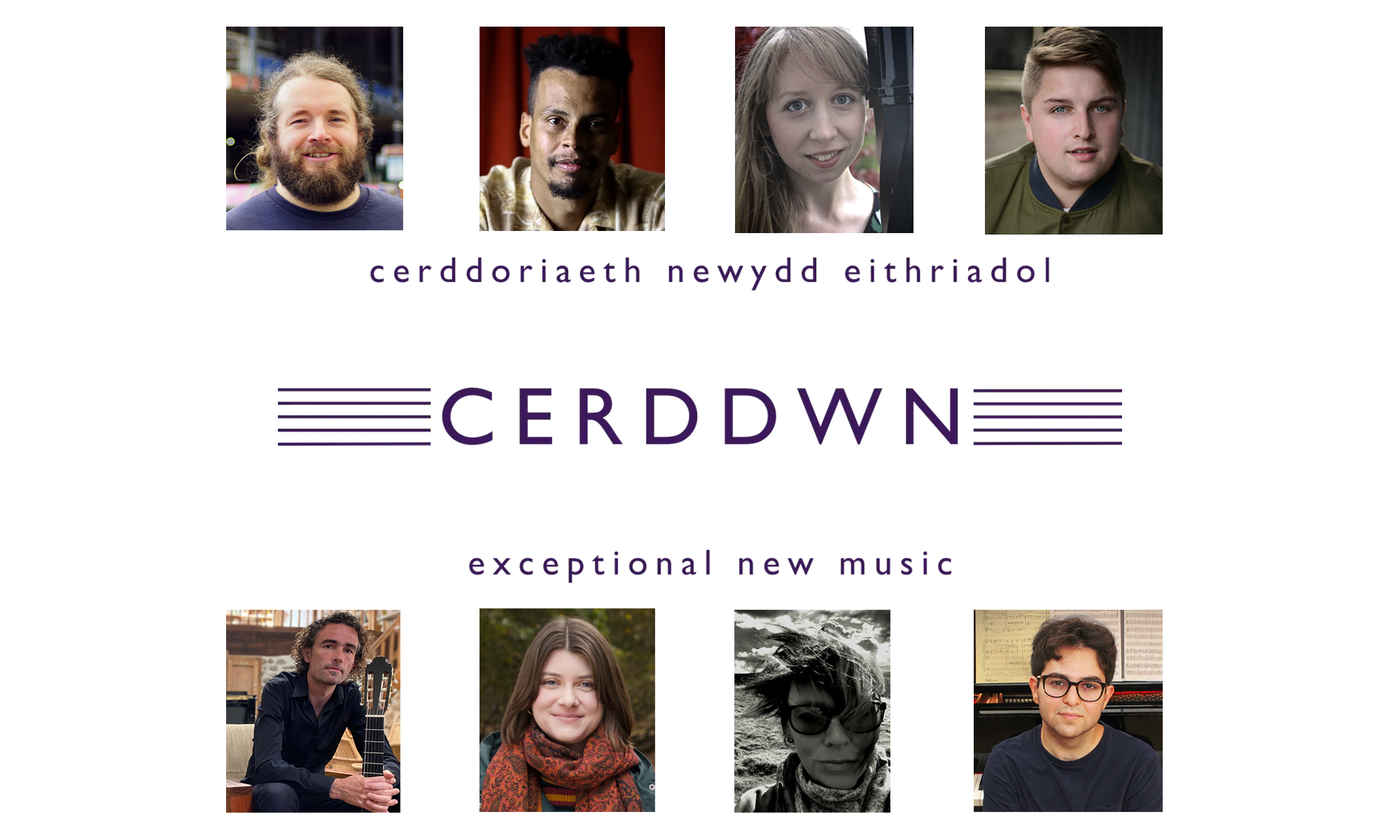 Cyfansoddwyr CERDDWN Rhes uchaf (o'r chwith i'r dde): David John Roche, Jefferson Lobo (llun hawlfraint Matthew Thistlewood), Mared Emlyn, Nathan James Dearden (llun Hawlfraint Catrin Arwel) Rhes isaf (o'r chwith i'r dde): Gerard Cousins, Heledd Evans, Michelle Maddock, Kian Ravaei