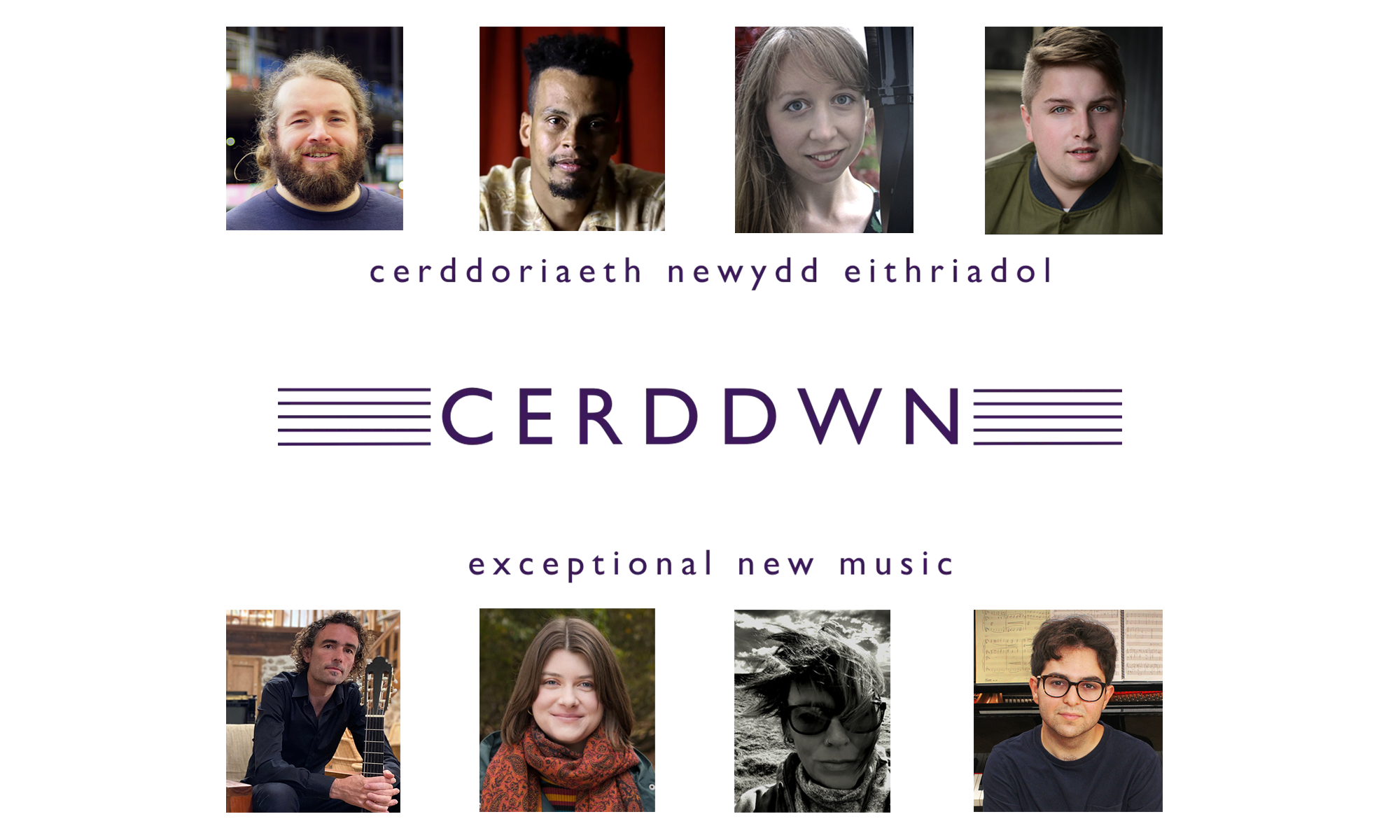 Cyfansoddwyr CERDDWN Rhes uchaf (o'r chwith i'r dde): David John Roche, Jefferson Lobo (llun hawlfraint Matthew Thistlewood), Mared Emlyn, Nathan James Dearden (llun Hawlfraint Catrin Arwel) Rhes isaf (o'r chwith i'r dde): Gerard Cousins, Heledd Evans, Michelle Maddock, Kian Ravaei 