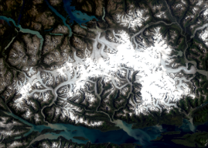 Delwedd Loeren o Faes Iâ Juneau
Credyd: Delweddau Landsat drwy law Canolfan Hedfan Gofod NASA Goddard ac Arolwg Daearegol yr Unol Daleithiau