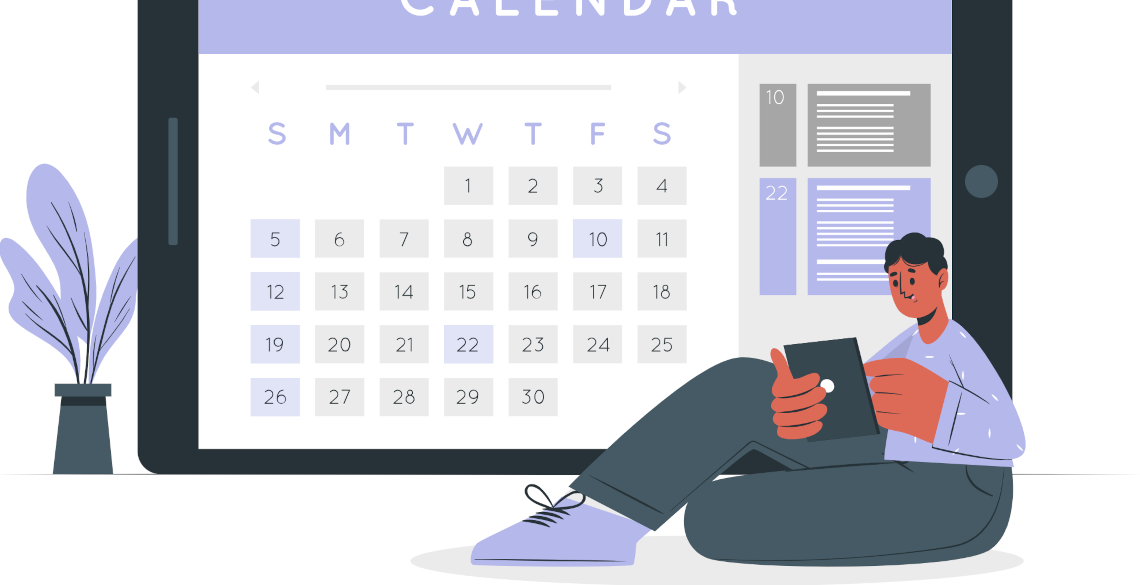 Myfyrwyr a calendr. Credyd delweddaeth: storyset.com