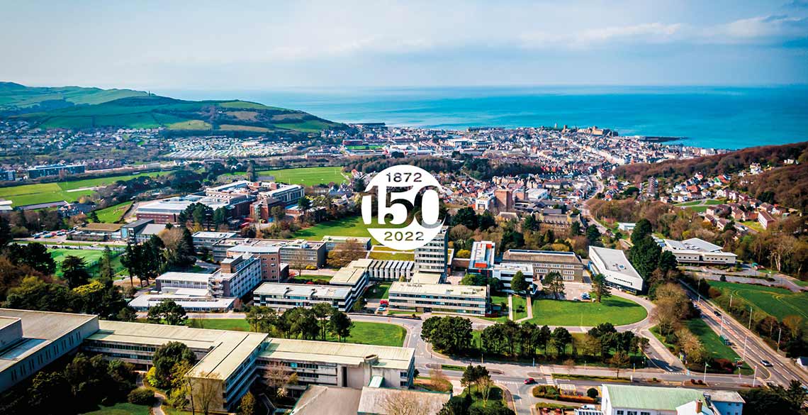 Aerial image of Penglais Campus with the 150th