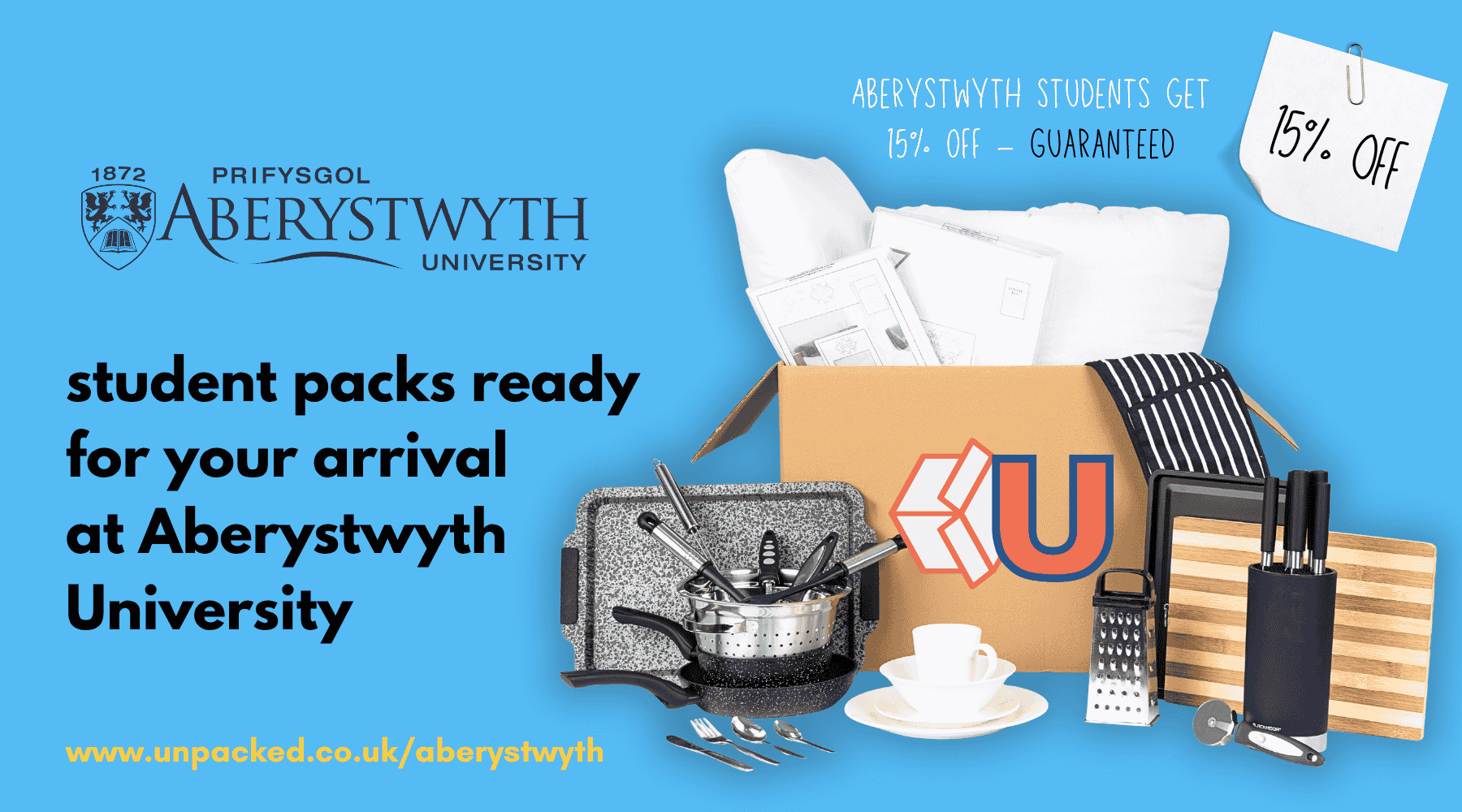 Carefully curated student packages available to purchase pre arrival. 15% off all bedding and kitchen packs for Aberystwyth students. Use code #aber15 at the checkout. x3 piece long lasting tupperware, high-quality durable kitchen utensils, luxury x650gsm pillows (super soft and fluffy while holding shape!), premium pots and pans compatible with any hob, 200 thread count bedsheet and your choice of bedding, luxury 105 tog hollow fibre duvet - warm all year round and anti-allergen