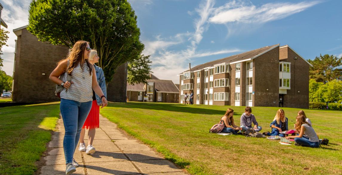 Students sitting on the grass in front of Cwrt Mawr, enjoying the weather.