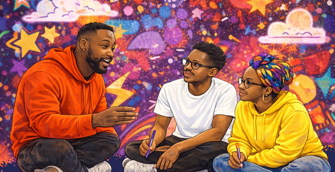 Three people talking