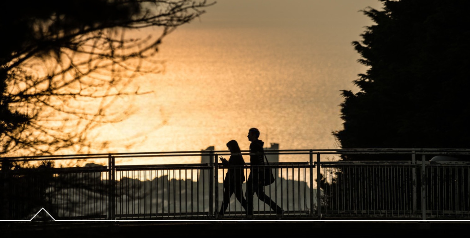 Two students walking on a bridge