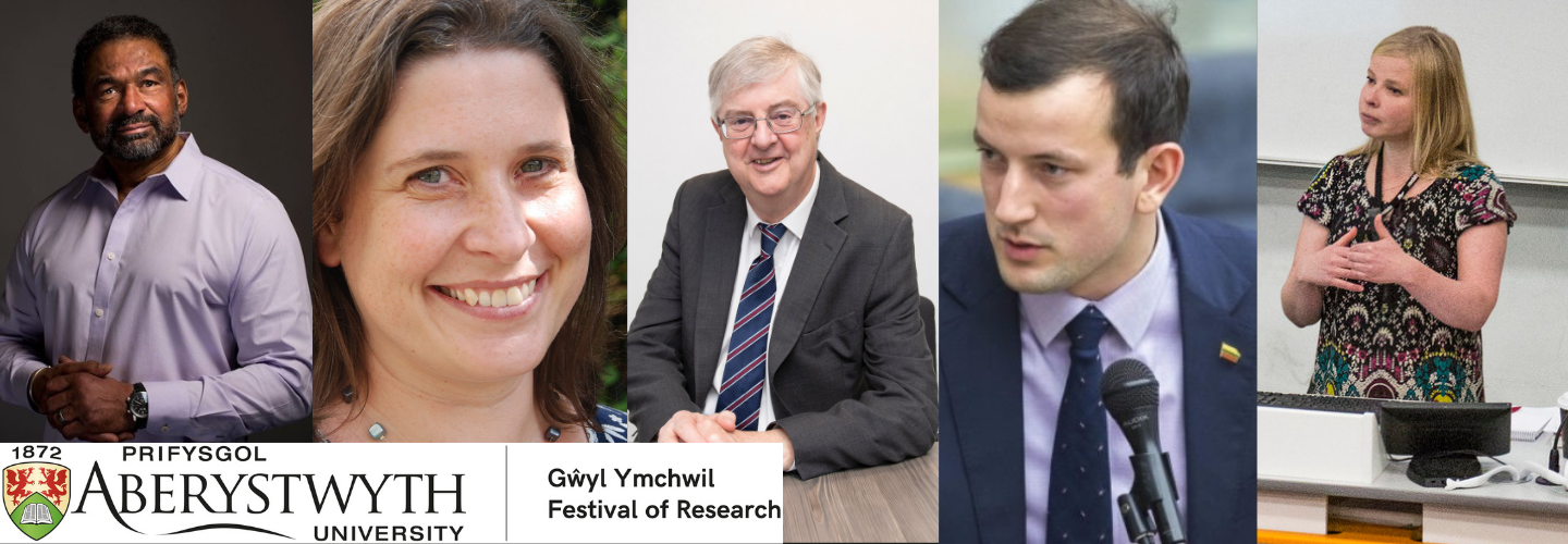 From left to right: Professor Julian Agyeman; Professor Sarah Davies (Aberystwyth University); First Minister of Wales, Mark Drakeford MS; EU Environment Commissioner Virginijus Sinkevičius; and Professor Milja Kurki (Aberystwyth University)