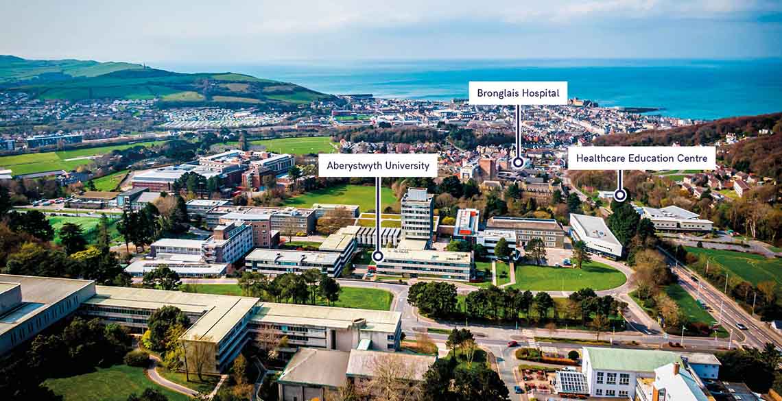 Aerial view of Aberystwyth showing the locations of Bronglais Hospital, Aberystwyth University and the Healthcare Education Centre