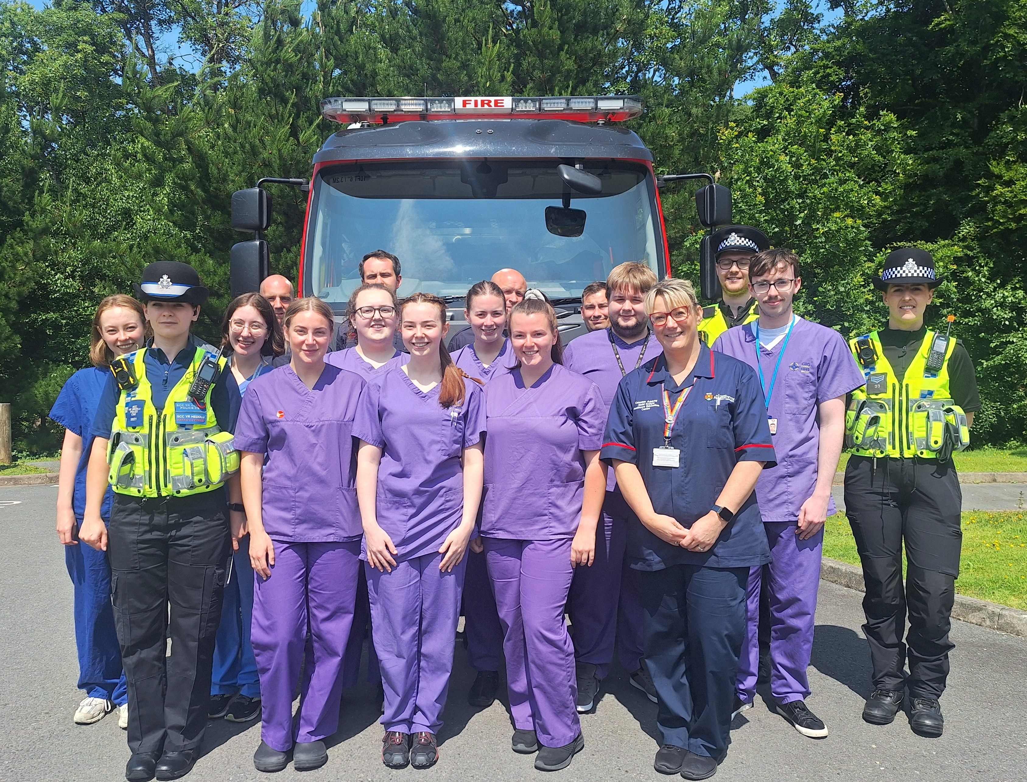 Aberystwyth University’s Head of Healthcare Education Amanda Jones with some of the Aberystwyth University nursing students and staff from the emergency services who took part in the simulation event