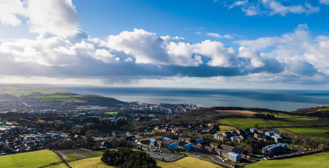 Drone image of the town from Penglais Hill. 