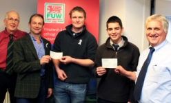 Bursary Winner Bleddyn James Pugh and runner-up Aled Pugh Jones are awarded their prizes by judges Alun Edwards, Glyn Roberts(FUW President)and Dafydd Williams.