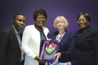 Dr Charles Ologunde, Dr. Theresa Taiwo Akande, Professor April McMahon and Mrs Adeniran Stephania Odusade welcoming the partnership between Aberystwyth University and the Federal Polytechnic of Ado-Ekiti.