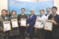 Left to right: Dr Jarrett Blaustein (Law and Criminology), Mary Jacob (Exemplary Course Awards organiser), Dr Rosemary Cann (Education and Lifelong Learning), Dr Rupert Marshall (IBERS), Professor April McMahon (Vice-Chancellor), Neil Taylor (Computer Science), Professor John Grattan (Pro Vice-Chancellor for Student Experience and Interntional) and Dr Adam Vellender (Mathematics).