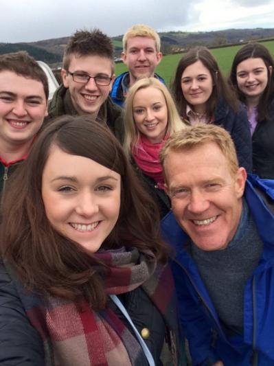 Selfie taken by Elliw James with Adam Henson Countryfile presenter, Dyfed Davies, Cennydd Owen Jones and Hanna Thomas; Dafydd Evans, Lynwen Mathias and Teleri Evans.