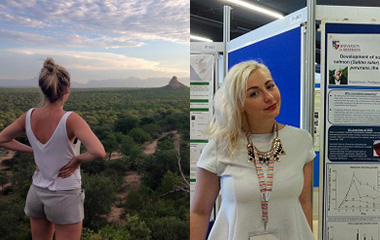 Left Image: Emma Ackerley working as a field assistant in South Africa.  Right Image: Rachel Chance presenting her research at the European Association of Fish Pathologists’ International Conference in Las Palmas, Gran Canaria.