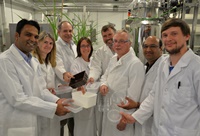 L to R: IBERS researchers working on the sustainable packaging initiative; Abhishek Somani, Ana Winters, Joe Gallager, Sian Davies (project manager), David Bryant, Stephen Taylor, Sreenivas Ravella and David Walker.