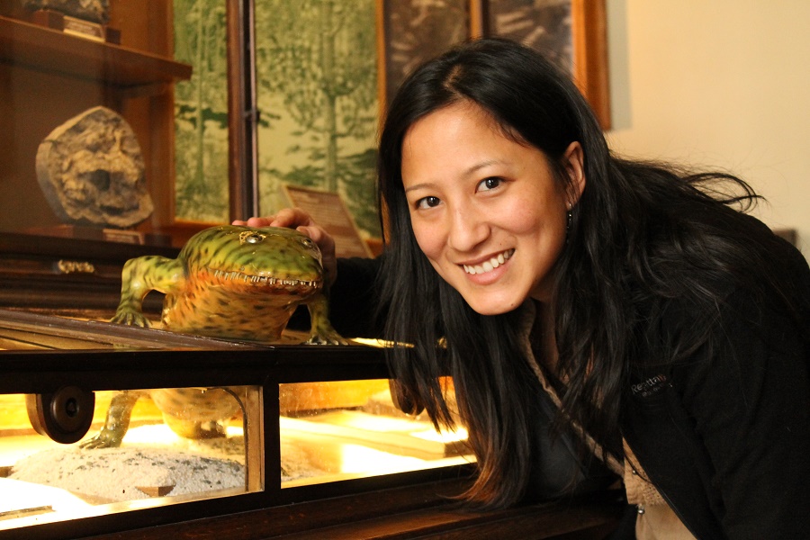 Dr Karen Siu-Ting with amphibian fossil model at the Natural History Museum in Vienna.