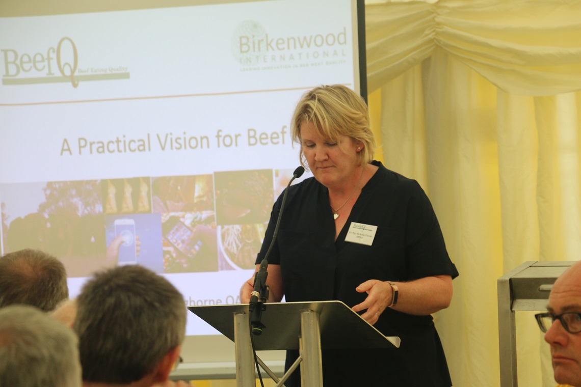 Dr Pip Nicholas Davies, BeefQ Project lead at IBERS Aberystwyth University addresses the audience at the taster event at the Royal Welsh Show.