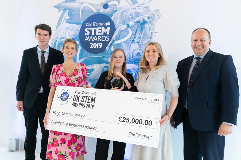 Eleanor Wilson (centre), MBiol third year student at Aberystwyth University’s Institute of Biological, Environmental and Rural Sciences, receiving her prize of £25,000 as the overall winner of The Telegraph STEM Awards 2019.