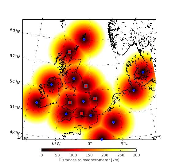 Quantum Magnetometer locations - red squares are new locations