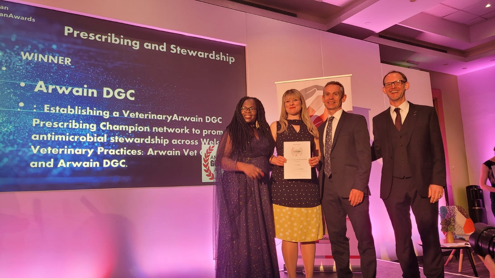 (left to right) Diane Ashiru-Oredope (Lead for AG, Chair of ESPAUR, Lead Pharmacist, UKHSA), Dr Gwen Rees BVSc (Hons) PhD MRCVS Lecturer in Veterinary Science at Aberystwyth University, Arwain DGC Programme Manager Dewi Hughes, and Wales Chief Veterinary Officer Dr Richard Irvine. 